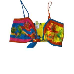 Farm Rio Tropical Macaw Print Tie Front Linen Blend Crop Top Adjustable Straps